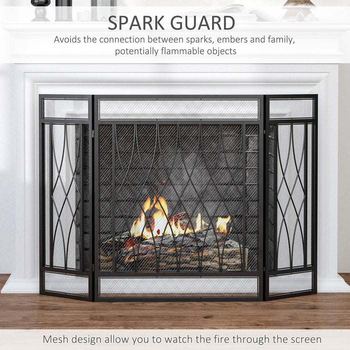 3-Panel Folding Fireplace Screen, Metal Mesh, Black