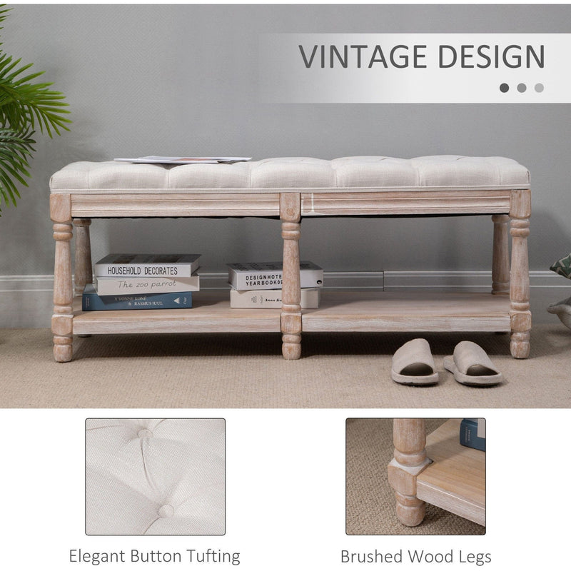 Vintage Shoe Bench With Button Tufted Cushioned Seat