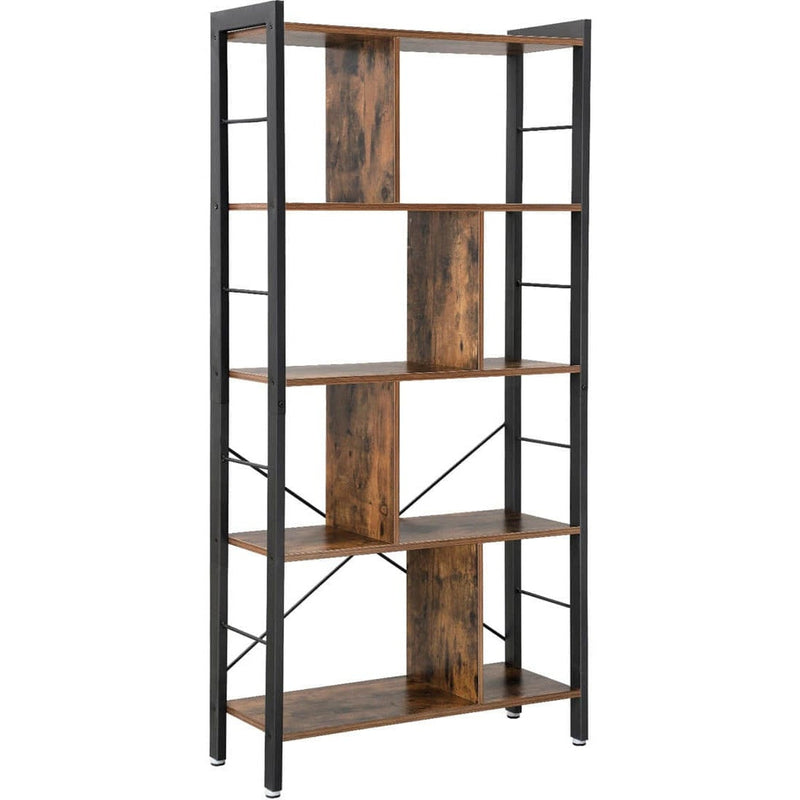 4 Tier Industrial Bookcase by Vasagle - black steel frame with rustic brown wooden shelves - staggered layout provides stylish touch to your living room