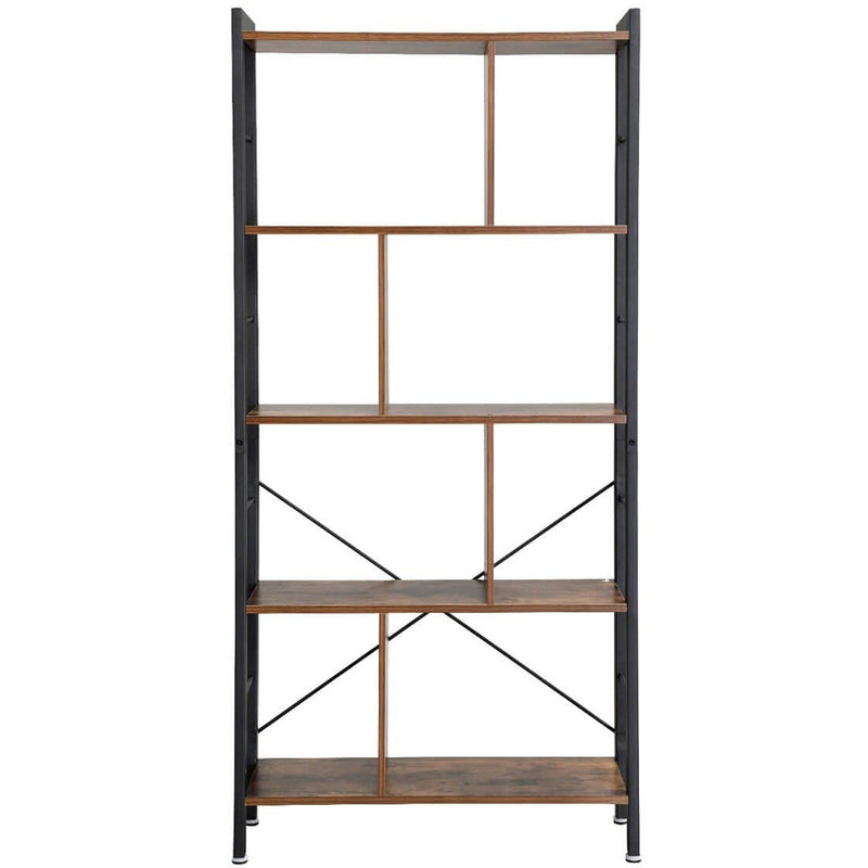 4 Tier Industrial Bookcase by Vasagle - black steel frame with rustic brown wooden shelves - staggered layout provides stylish touch to your living room