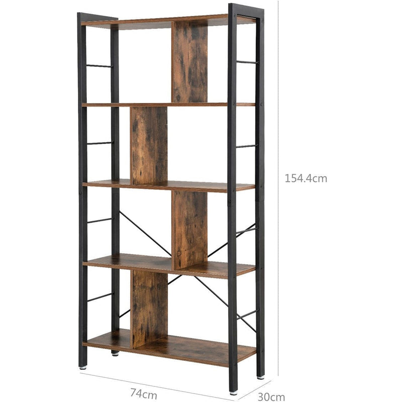 4 Tier Industrial Bookcase by Vasagle - black steel frame with rustic brown wooden shelves - staggered layout provides stylish touch to your living room