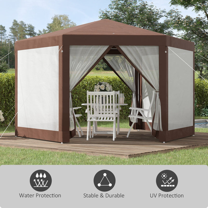Brown Hexagonal Gazebo with Mosquito Netting