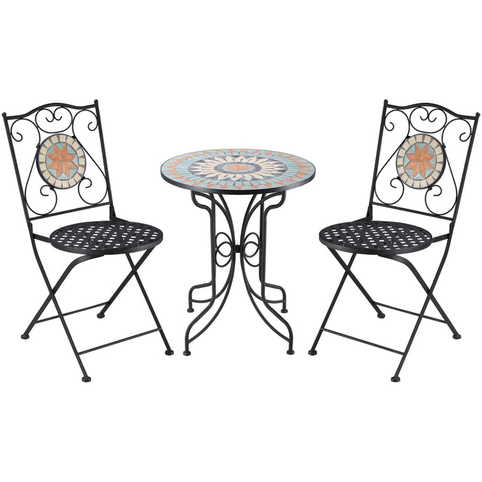 Mosaic Metal Garden Bistro Set, Light Blue, Round  Tabletop