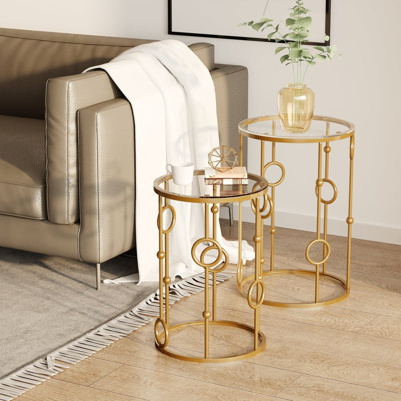 Set of 2 Gold Round Coffee Tables, Tempered Glass
