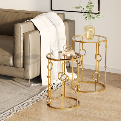 Set of 2 Gold Round Coffee Tables, Tempered Glass Homcom