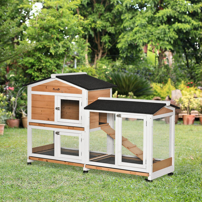 PawHut Mobile Rabbit Hutch with Ramp Wooden Two-Tier