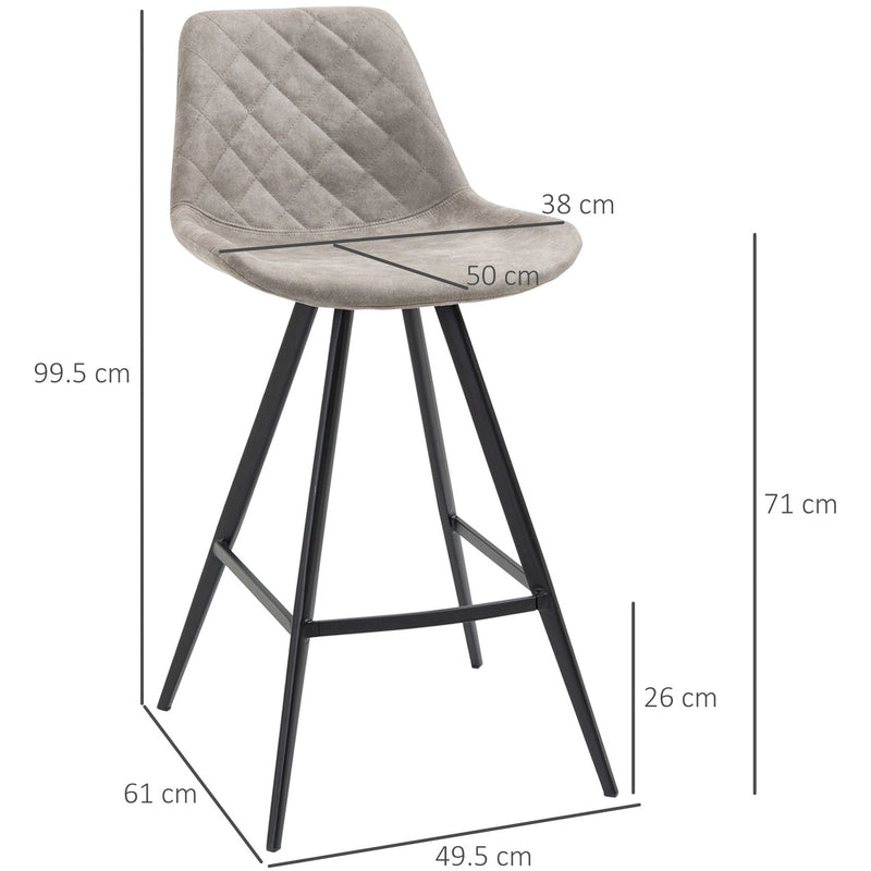 Set of 2 Bar Stools, Microfiber, Quilted, Grey
