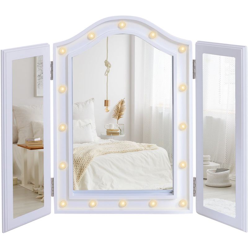 White LED Trifold Freestanding Vanity Mirror