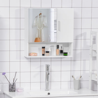 White Wall Mounted Bathroom Mirror Cabinet, Double Doors Kleankin