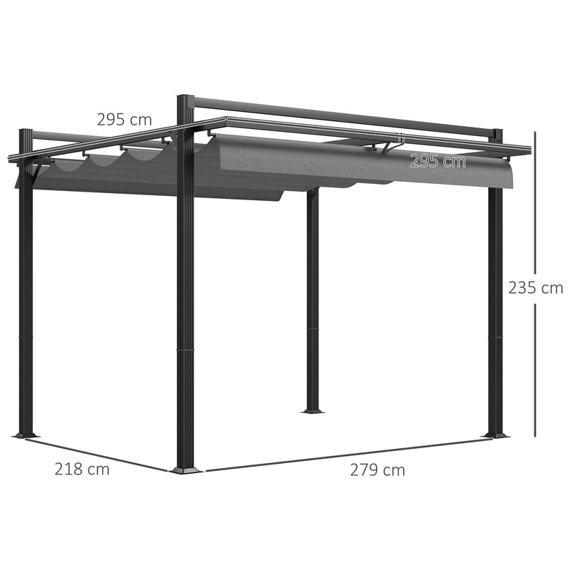 3m x 3m Metal Pergola With Retractable Roof, Grey