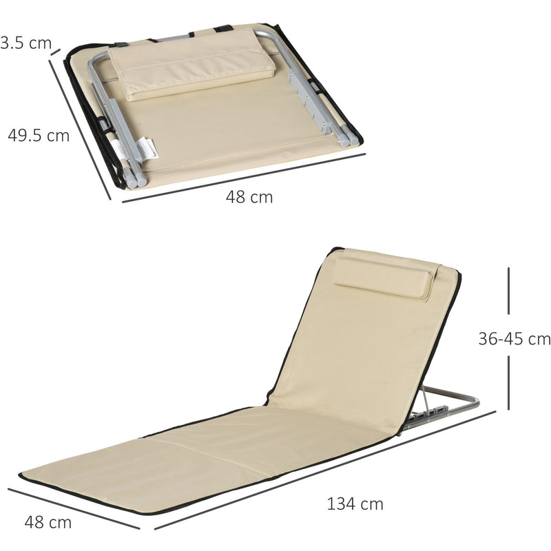 Outsunny Set of 2 Foldable Garden Beach Chair Mat Lightweight Outdoor Sun Lounger Seats Adjustable Back Metal Frame PE Fabric Head Pillow, Beige Outsunny