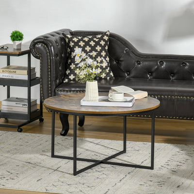 Industrial Round Coffee Table, Metal Frame - Brown Homcom