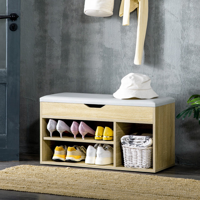 Shoes Cabinet Bench, Padded Seat, Oak Tone