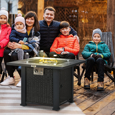 Rattan Gas Fire Pit with Marble Top Black Outsunny