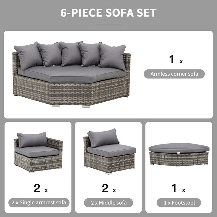 6 Seater Half Moon Rattan Sofa Set with Cushions, Grey