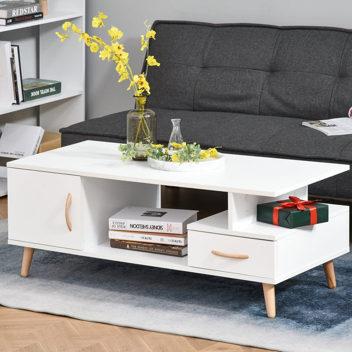 Modern Coffee Table With Storage Shelf and Drawers - White