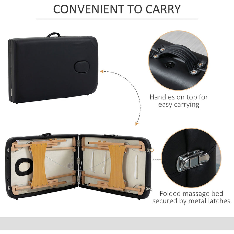 Black Portable Massage Bed, 2 Sections, Wooden Frame, Bag
