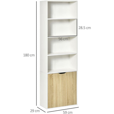 Narrow Bookcase With Cupboard, 5 Shelves, 59W x 29D x 180Hcm Homcom