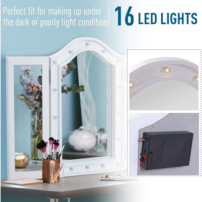 White LED Trifold Freestanding Vanity Mirror