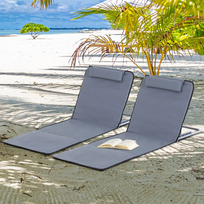 Outsunny Set of 2 Foldable Garden Beach Chair Mat Lightweight Outdoor Sun Lounger Seats Adjustable Back Metal Frame PE Fabric Head Pillow, Grey Outsunny
