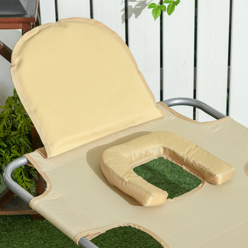 Outsunny Foldable Sun Lounger, Beach Chaise Lounge with Reading Hole, Arm Slots, 5-Position Adjustable Backrest, Side Pocket, Pillow for Patio, Beige Outsunny
