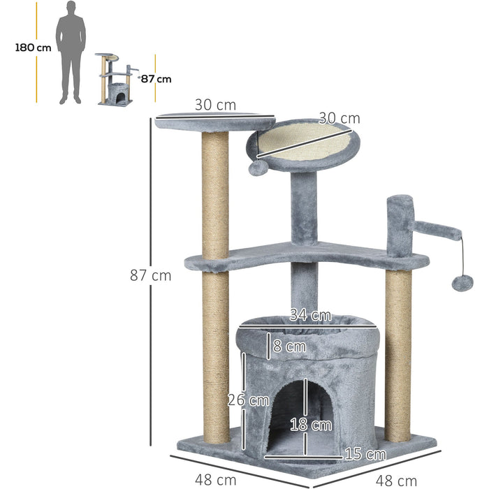 Cat Tree Tower, Scratch Post, Condo Bed, Perch Ball, Grey