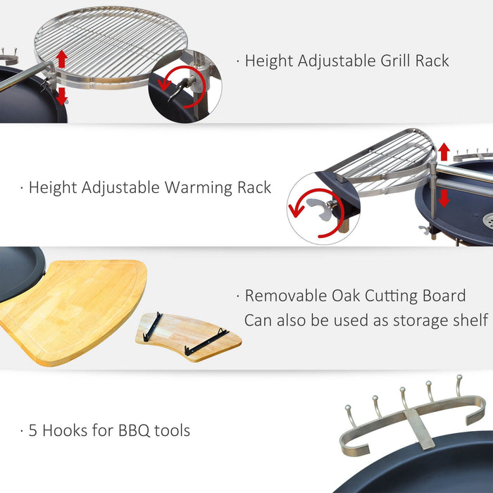 Adjustable Charcoal BBQ with Cutting Board - Black