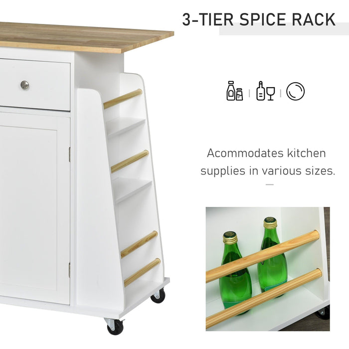 Kitchen Island With Spice Rack, White With Rubber Wood Top