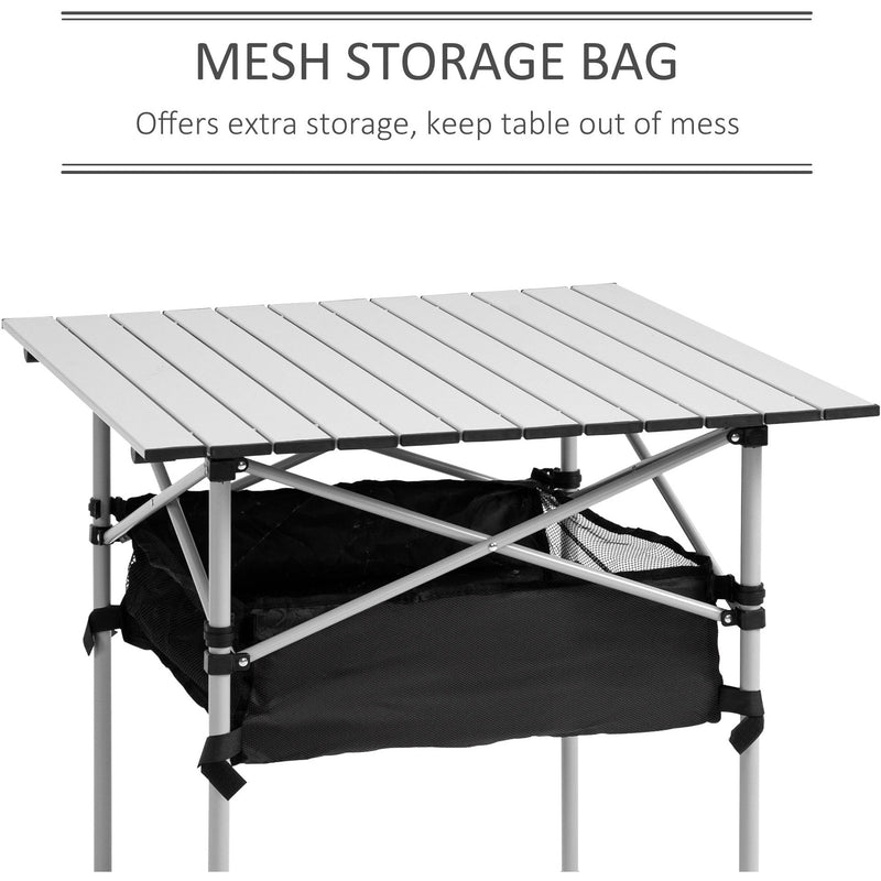 Outsunny Aluminum Roll-Top Table w/ Mesh Bag Camping Outdoor Dining Foldable w/ Steel Frame Picnic Lightweight Hiking Furniture Desk, Silver Black Outsunny