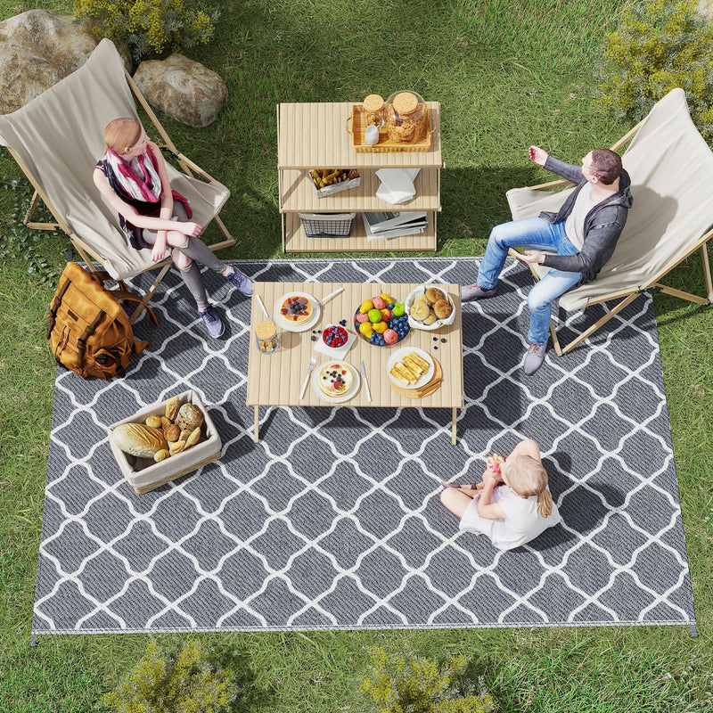 Outsunny Reversible Outdoor Rug with Carry Bag and Ground Stakes, Waterproof Plastic Straw Mat for Backyard, Deck, RV, Picnic, Camping Grey & White Outsunny
