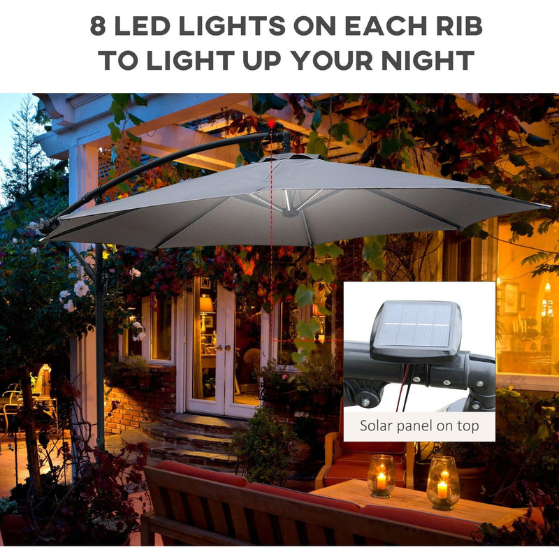 3m Banana Cantilever Patio Umbrella With Lights, Cross Base