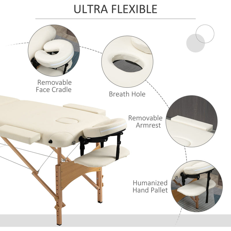 Cream Portable Massage Bed, 2 Sections, Wooden Frame, Bag