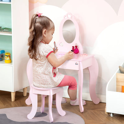 Kids Dressing Table and Stool Set with Mirror, Pink Homcom