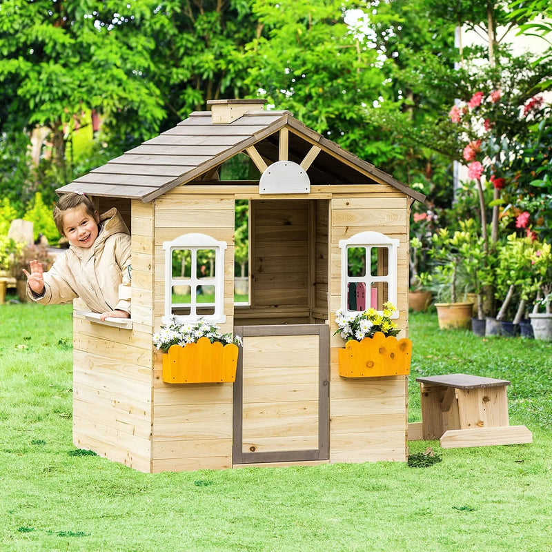 Wooden Kids Playhouse with Door, Windows, Bench Outsunny