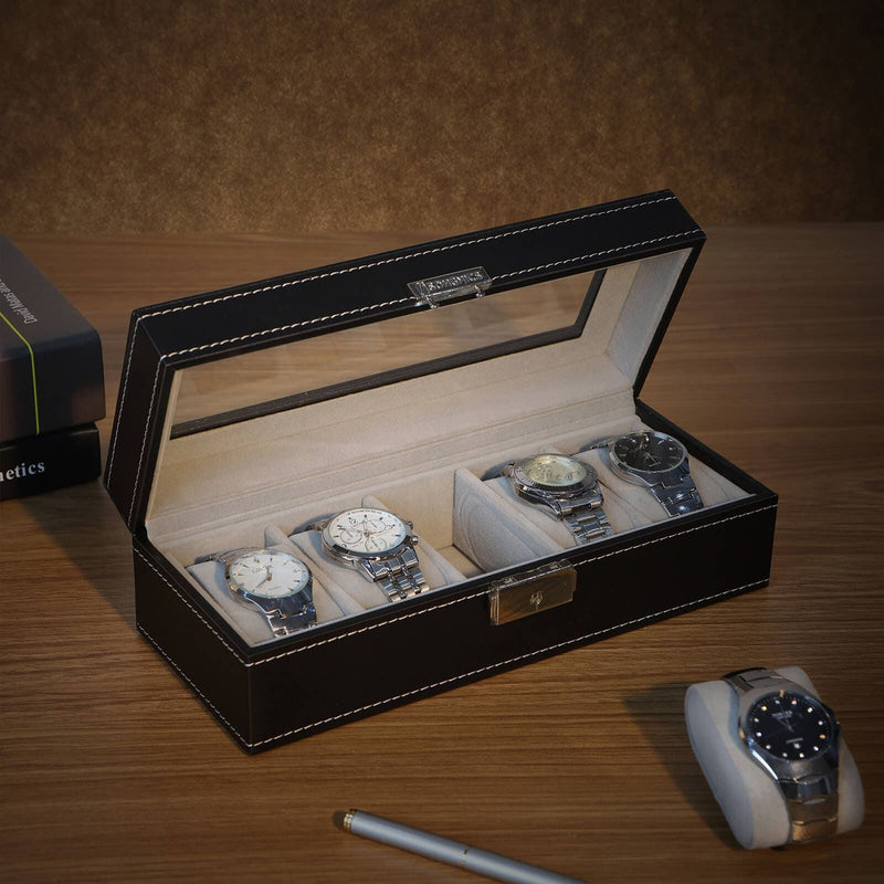 Black Leather 5 Watch Box With Glass Lid by Songmics Songmics
