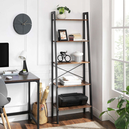 5 Tier Ladder Shelf by Vasagle - Features a black steel frame and five rustic brown wooden shelves - perfect for smaller spaces, living rooms, home office