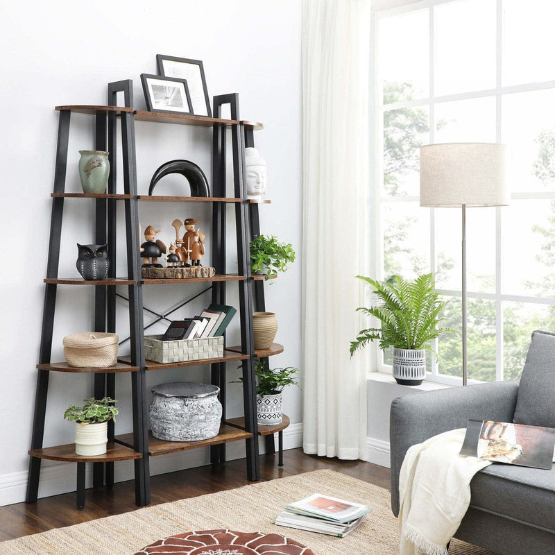 5 Tier Ladder Shelf by Vasagle - Features a black steel frame and five rustic brown wooden shelves - perfect for smaller spaces, living rooms, home office