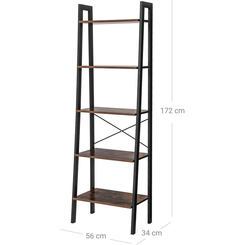 5 Tier Ladder Shelf by Vasagle - Features a black steel frame and five rustic brown wooden shelves - perfect for smaller spaces, living rooms, home office