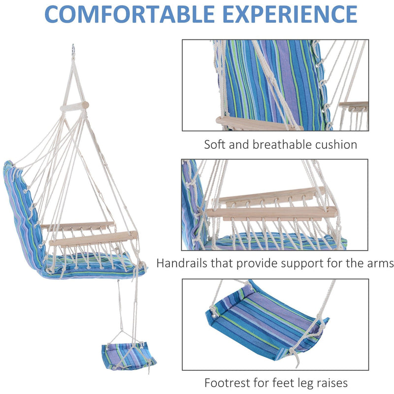 Outdoor Hammock Chair - Wooden Footrest, Armrest - Cotton