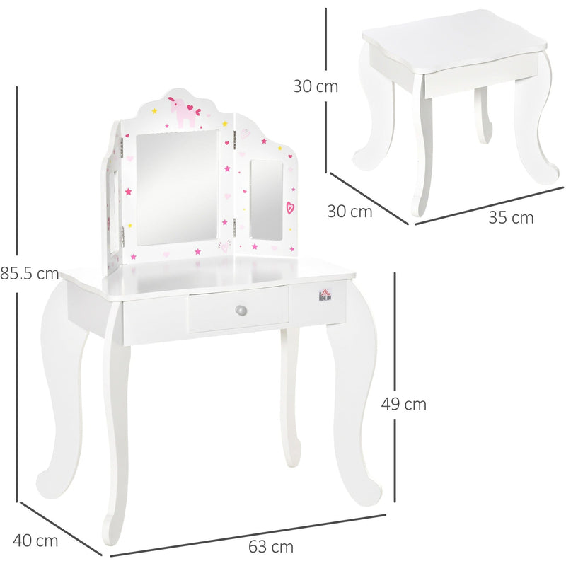 Kids Dressing Table and Stool Set with Mirror, White