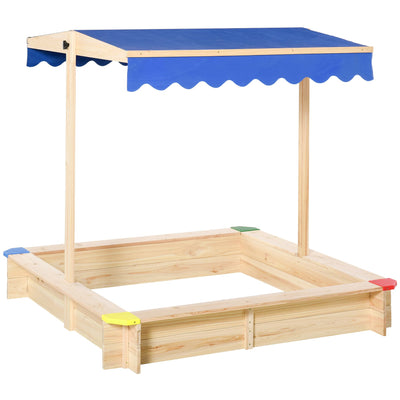 Wooden Kids Sandbox with Adjustable Canopy for Shaded Outdoor Play Natural Blue Outsunny