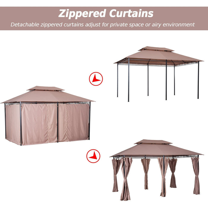 Metal Frame Gazebo With Sides, Garden Pavilion, 4x3m, Brown