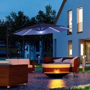 Image of a blue cantilever parasol with solar lights