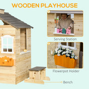 Wooden Kids Playhouse with Door, Windows, Bench Outsunny