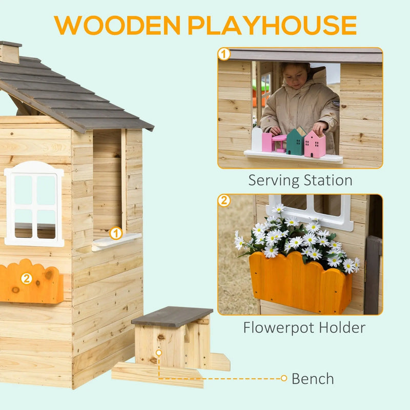 Wooden Kids Playhouse with Door, Windows, Bench Outsunny