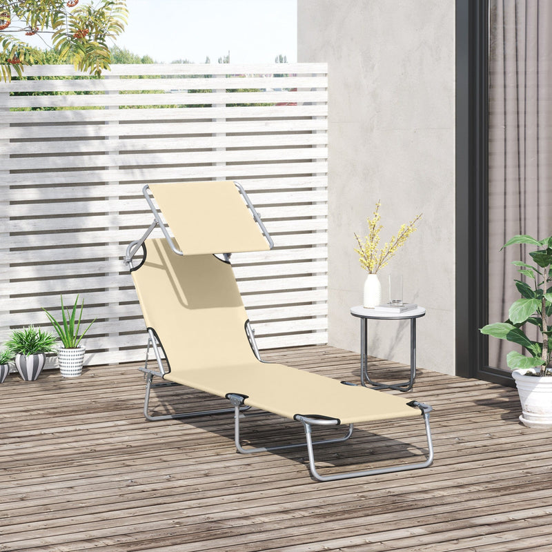 Outsunny Reclining Chair Sun Lounger Folding Lounger Seat with Sun Shade Awning Beach Garden Outdoor Patio Recliner Adjustable (Beige) Outsunny