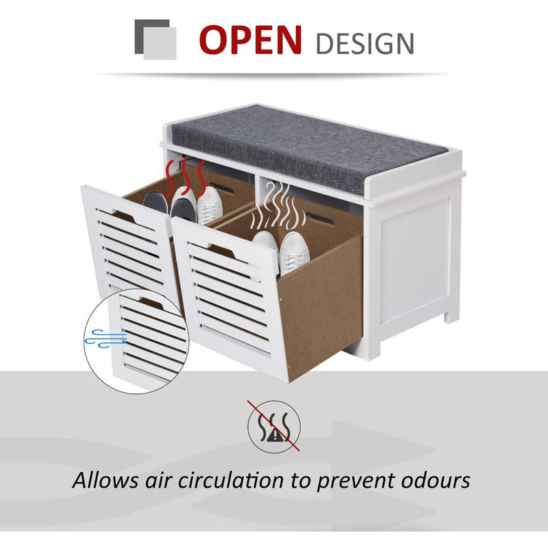 Shoe Storage Bench With Cushion and Drawers - White/Grey