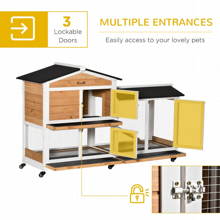 PawHut Mobile Rabbit Hutch with Ramp Wooden Two-Tier