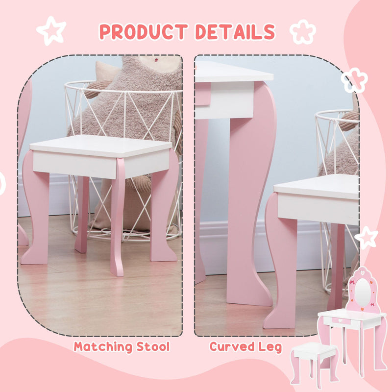 Pink Kids Vanity Set (3-6 Years): Dressing Table, Mirror, Stool