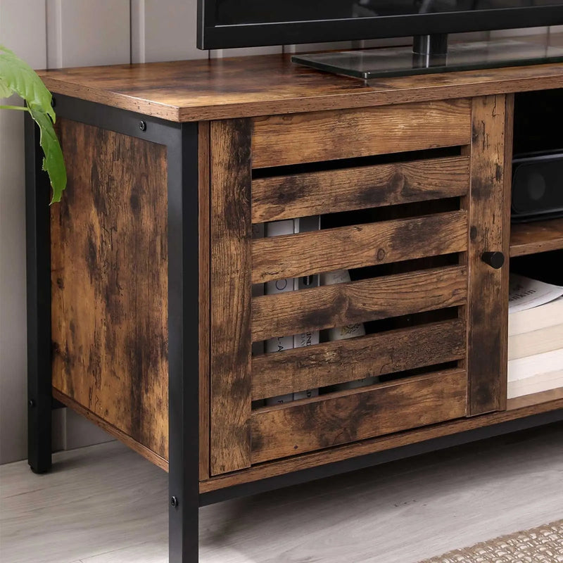 Vasagle Industrial TV Stand for 50 Inch TVs - features two open shelves and a storage cupboard on the left handside
